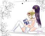  alice_margatroid aoshima bare_back bare_shoulders between_breasts blonde_hair book breasts choker couple crescent crescent_hair_ornament flower hair_ornament hairband highres hug large_breasts long_hair multiple_girls patchouli_knowledge purple_hair short_hair simple_background sitting thighhighs touhou white_legwear yuri zettai_ryouiki 