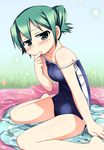  competition_school_swimsuit finger_to_mouth grass green_eyes green_hair hidamari_sketch nagayama_yuunon nori one-piece_swimsuit school_swimsuit solo strap_slip swimsuit twintails wading_pool water 