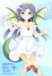  2012 bad_id bad_pixiv_id bare_shoulders blue_hair bracelet collarbone dragon_girl dragon_tail dragon_wings dress green_wings hairband happy_new_year idolmaster idolmaster_(classic) jewelry kisaragi_chihaya komi_zumiko long_hair looking_at_viewer monster_girl necklace new_year off_shoulder polka_dot smile solo strap_slip sundress tail wings yellow_eyes 