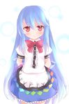  arms_behind_back blue_hair blush bow dress hinanawi_tenshi long_hair no_hat no_headwear red_eyes shize_(coletti) solo standing touhou 