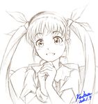  :d bakemonogatari blush bracelet face fang hachikuji_mayoi hair_ribbon hairband hands hands_clasped highres jewelry kem_kem monochrome monogatari_(series) open_mouth own_hands_together ribbon sketch smile solo twintails 