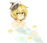  ahoge bathing blonde_hair crescent face food fruit harusame_(unmei_no_ikasumi) hat lunasa_prismriver messy_hair nude partially_submerged short_hair solo touhou water yellow_eyes yuzu_(fruit) yuzu_bath 