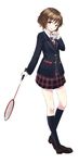  bad_id bad_pixiv_id badminton badminton_racket bangs black_legwear blazer brown_eyes brown_hair bush full_body hair_ornament hairclip highres jacket kneehighs long_sleeves looking_at_viewer necktie original plaid plaid_skirt pleated_skirt racket ryou@ryou school_uniform short_hair simple_background skirt solo sport standing white_background 