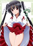  2012 bad_id bad_pixiv_id black_hair brown_eyes dragon dress dress_lift eastern_dragon hakama hakama_lift highres imai_kazunari japanese_clothes k-on! long_hair miko nakano_azusa new_year no_panties red_hakama solo thigh_gap twintails 