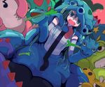  aqua_eyes aqua_hair costume dragon fang hand_puppet hatsune_miku long_hair morinba new_year open_mouth puppet solo spring_onion vocaloid 