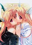  2girls blonde_hair female hand_holding head_wings incest incipient_kiss kiss long_hair magus_tale multiple_girls nina_geminis off_shoulder pink_eyes rena_geminis siblings sisters twin twincest twins yuri 