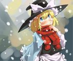  blonde_hair blue_eyes blush bow hat hat_bow kirisame_marisa red_scarf scarf smile snowing solo taker_(flamestorm) touhou white_bow witch_hat 