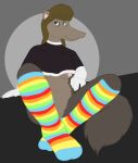 anteater brown_hair clothed clothing clothing_lift eyewear flashing flashing_breasts footwear glasses hair johanna_(tabbiewolf) legwear mammal pattern_clothing pattern_footwear pattern_legwear pattern_socks pilosan shirt shirt_lift socks striped_clothing striped_footwear striped_socks stripes tabbiewolf topwear xenarthran