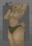 anthro artist basil_(cheeskeke) big_breasts big_bulge bovid breasts bulge caprine clothed clothing digital_media_(artwork) featureless_breasts fur goat gynomorph horn humanoid intersex mammal open_mouth sheep simple_background solo standing tail thick_thighs tired topless topless_anthro topless_gynomorph topless_intersex underwear underwear_only white_body wide_hips yawn
