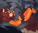 alternate_species amputee anthro armor benrey_(hlvrai) between_legs blue_body blue_fur blush bottomwear brown_body brown_fur canid canine canis chaii-tea clothed clothing disability domestic_dog duo eyewear facial_hair flirting flustered fur furrification glasses gordon_freeman grey_body grey_fur half-life hev_suit hlvrai lying male male/male mammal missing_hand nervous on_back pants security shirt tan_body tan_fur teasing topwear unsure valve vest