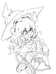  apron bloomers blush braid buttons dress fang greyscale hair_ribbon hat hip_attack kirisame_marisa lineart monochrome open_mouth ribbon shoes socks solo taker_(flamestorm) touhou underwear witch_hat 