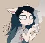 animal_humanoid anthro beverage cartoon_hangover claire_(the_summoning) clothing coffee coffee_mug domestic_cat fangs felid felid_humanoid feline felis female grey_clothing grey_shirt grey_topwear hair half-length_portrait hi_res holding_object humanoid inverted_pentagram long_hair looking_at_viewer mammal mammal_humanoid occult_symbol panqueik pentagram portrait shirt simple_background smoke solo symbol symbol_on_head teeth the_summoning tired topwear