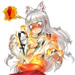  1girl bad_id bad_pixiv_id bangs blunt_bangs blurry blush bow burnt_clothes clenched_teeth d: fire flat_chest fujiwara_no_mokou hair_bow hime_cut long_hair looking_down open_clothes open_mouth open_shirt red_eyes shirt silver_hair simple_background solo space_jin suspenders teeth torn_clothes touhou upper_body v-shaped_eyebrows wardrobe_malfunction wavy_mouth white_background 