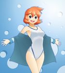  absurdres armpits blue_background blue_eyes breasts gym_leader highres jacket jinteitei kasumi_(pokemon) one-piece_swimsuit open_clothes open_mouth orange_hair pokemon pokemon_(game) pokemon_hgss small_breasts smile solo swimsuit 