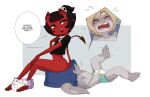 clothed clothing demon diaper english_text eyewear facesitting glasses meru_(merunyaa) merunyaa pampers panicking potty potty_training sitting_on_another smug text wearing_diaper