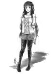  antaria bare_shoulders collarbone greyscale long_hair monochrome original pantyhose print_legwear signature simple_background sketch solo standing white_background 