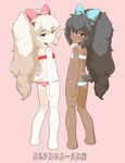  9aki alpaca-san alpaca_ears alpaca_tail animal_ears black_hair blonde_hair blue_eyes bow butt_crack dark_skin flat_chest hair_bow long_hair looking_back multiple_girls original red_eyes simple_background tail 