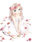  bad_id bad_pixiv_id barefoot between_legs blonde_hair blue_eyes blush breasts cleavage collarbone dress etou_(cherry7) flower hand_between_legs head_wreath highres long_hair looking_at_viewer medium_breasts open_mouth original simple_background sitting smile solo sundress v_arms wariza white_background 