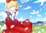  blonde_hair blouse blue_eyes bow dqn_(dqnww) frills hair_bow hand_on_hip light_smile meadow medicine_melancholy mountain petals short_hair skirt solo touhou 