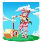  2023 amy_rose anthro armor big_breasts blue_sky breasts clothing eulipotyphlan female footwear gloves green_eyes hammer handwear hedgehog hi_res high_heels mammal outside roga141 sega shoes sky solo sonic_dash sonic_speed_simulator sonic_the_hedgehog_(series) tools 