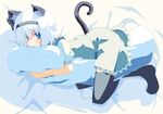  animal_ears bed black_hairband black_legwear blue_eyes blush cat_ears cat_tail dakimakura_(object) hairband hujikok kemonomimi_mode konpaku_youmu pillow pillow_hug short_hair silver_hair solo tail thighhighs touhou 