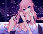  :p all_fours blue_eyes breasts card cityscape cleavage long_hair medium_breasts megurine_luka night panties pink_hair shiro_mayu smile solo tongue tongue_out underwear vocaloid 