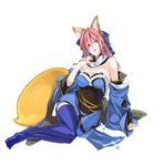  absurdres animal_ears bad_id bad_pixiv_id blue_legwear bow breasts cleavage detached_sleeves dress fate/extra fate_(series) fox_ears fox_tail guratan hair_bow hair_ribbon highres japanese_clothes large_breasts no_shoes pink_hair ribbon solo tabi tail tamamo_(fate)_(all) tamamo_no_mae_(fate) thighhighs twintails yellow_eyes 