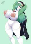 2025 absurd_res areola big_breasts black_clothing breasts cervina7_(artist) clothing colored digital_media_(artwork) female gardevoir generation_3_pokemon genitals green_hair hair hair_over_eye hi_res huge_breasts humanoid jakatoshi legwear mammal nintendo nipples not_furry nude nun_outfit pokemon pokemon_(species) presenting presenting_breasts pussy red_eyes shaded signature simple_background smile solo standing thigh_highs white_body