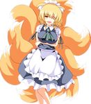  ;d alternate_costume animal_ears apron ascot blonde_hair bow braid breast_hold breasts cosplay dress enmaided fox_ears fox_tail hair_bow huge_breasts izayoi_sakuya izayoi_sakuya_(cosplay) maid maid_headdress merry_(diameri) multiple_tails one_eye_closed open_mouth ribbon short_hair smile solo tail touhou twin_braids yakumo_ran yellow_eyes 