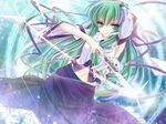  arm_up armpits bow detached_sleeves frog gohei green_eyes green_hair hair_ornament hair_tubes highres kochiya_sanae long_hair looking_at_viewer midriff moneti_(daifuku) navel ofuda parted_lips skirt snake solo touhou very_long_hair 