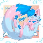 ambiguous_gender bani_(ezpups) blue_body blue_eyes blue_fur blue_hair domestic_cat eyelashes ezpups fangs felid feline felis feral fluffy fur hair heart_(marking) hi_res kerchief leg_markings mammal markings neckerchief neckwear open_mouth pawpads paws smile socks_(marking) solo sparkles star teeth