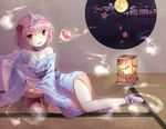  bad_id bad_pixiv_id bare_shoulders breasts bug butterfly cleavage flower full_body full_moon ghost hair_flower hair_ornament highres insect japanese_clothes kimono lantern lying medium_breasts moon obi off_shoulder on_side open_mouth pink_eyes pink_hair purple_legwear round_window saigyouji_yuyuko sash short_hair smile socks solo tabi tatami tepes touhou triangular_headpiece window yellow_moon 