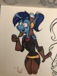 alien arm_markings aviator_goggles blue_body blue_hair blue_skin breeches cheek_markings clothing colored_sketch facial_markings female gloves hair handwear happy head_markings hi_res long_sleeve_shirt markings open_mouth pointy_ears ponytail portrait psicoyote round_nose scarf shoulder_markings simple_eyes sketch solo three-quarter_portrait traditional_media_(artwork) vesta_(psicoyote)