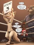 3_toes 4_fingers absurd_res anthro arctic_fox balls_outline bikini bovid bovine boxing_gloves breasts bulge bulge_size_difference canid canine cape_buffalo chief_bogo clothed clothing detailed_bulge digital_media_(artwork) disney duo ear_markings english_text erection erection_under_clothing facial_markings feet female fighting_ring fingers flat_chested fox fur genital_outline handwear head_markings headgear hi_res horn jack_savage lagomorph leporid link6432 male mammal markings muscular muscular_anthro muscular_male penis_outline rabbit simple_background skye_(zootopia) smile swimwear tail text toes true_fox two-piece_swimsuit zootopia