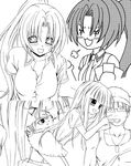  2girls :d bangs blunt_bangs blush breasts breath buttons cleavage collarbone collared_shirt dress_shirt furude_rika glasses greyscale hat higurashi_no_naku_koro_ni large_breasts long_hair looking_at_viewer monochrome multiple_girls open_mouth ponytail school_uniform shirt simple_background smile sonozaki_mion straight_hair tachibana_koo tomitake_jirou upper_body white_background zipper 