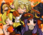  alice_margatroid bat_wings blonde_hair cake candy closed_eyes food food_themed_hair_ornament futami_yayoi hair_ornament halloween hat jack-o'-lantern kirisame_marisa lollipop multiple_girls one_eye_closed pastry patchouli_knowledge pumpkin pumpkin_hair_ornament pumpkin_hat purple_hair shanghai_doll swirl_lollipop touhou vampire wings witch_hat 