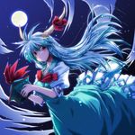  blue_hair dress ex-keine full_moon hat hat_removed headwear_removed highres horn_ribbon horns kamishirasawa_keine long_hair moon necktie night ribbon sky solo star star_(sky) starry_sky tail takana_shinno touhou 