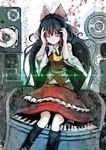  absurdres bare_shoulders black_hair bow brown_eyes chair detached_sleeves hair_bow hakurei_reimu headphones highres instrument long_hair organ_derwald piano sitting solo speaker touhou 