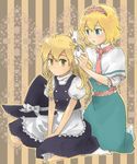  :o alice_margatroid apron bad_id bad_pixiv_id blonde_hair blue_dress blue_eyes brown_eyes capelet dress hairdressing indian_style kirisame_marisa kneeling looking_at_viewer multiple_girls natsume_(menthol) parted_lips puffy_short_sleeves puffy_sleeves short_sleeves simple_background sitting spread_legs striped striped_background touhou waist_apron yuri 