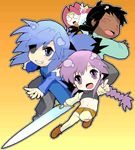  angelous_lazward blue_hair chibi eyepatch follower_(yagisaka_seto) hamamoto_ryuusuke_(style) knight_leader_(yagisaka_seto) lowres multiple_boys oekaki original parody purple_hair rennes_copal style_parody sword weapon yagisaka_seto 