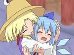  artist_request biting blush bow cirno ear_biting hat lowres moriya_suwako multiple_girls parody ribbon suzumiya_haruhi_no_yuuutsu touhou wings yuri 