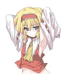  alice_margatroid armpits ascot bangs blonde_hair blue_eyes blush cosplay detached_sleeves hairband hakurei_reimu hakurei_reimu_(cosplay) jpeg_artifacts looking_at_viewer midriff mochiki navel no_nose oekaki short_hair simple_background solo touhou upper_body white_background wide_sleeves 