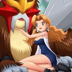  ^_^ blue_eyes breasts brown_hair cleavage closed_eyes dress entei gen_2_pokemon labcoat large_breasts legs lowres mii_snowdon older panties pantyshot pokemoa pokemon pokemon_(anime) pokemon_(classic_anime) pokemon_(creature) pokemon_(game) pokemon_gsc pokemon_m03 smile thighs underwear 