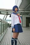  ari_(model) blue_hair busou_renkin cosplay highres knee_socks kneehighs photo school_uniform serafuku tsumura_tokiko 