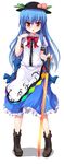  blue_hair boots bow bowtie food fruit full_body hat highres hinanawi_tenshi long_hair looking_at_viewer mamo_williams peach red_eyes simple_background solo standing sword sword_of_hisou touhou weapon 