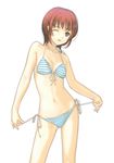  ;p bikini brown_eyes cowboy_shot dasoku_sentarou front-tie_top halter_top halterneck navel one_eye_closed original red_hair short_hair side-tie_bikini simple_background solo strap_pull striped striped_bikini swimsuit tongue tongue_out white_background 