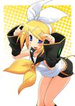  bent_over blonde_hair detached_sleeves hermmy kagamine_rin leaning_forward legs parody shorts solo vocaloid 