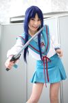  ari_(model) asakura_ryouko blue_hair cosplay highres knee_socks kneehighs knife photo sailor sailor_uniform school_uniform serafuku suzumiya_haruhi_no_yuuutsu 