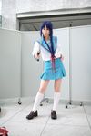  ari_(model) asakura_ryouko blue_hair cosplay highres knee_socks kneehighs knife photo sailor sailor_uniform school_uniform serafuku suzumiya_haruhi_no_yuuutsu 