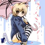  animal_ears artist_request cat_ears copyright_request lowres oekaki solo striped striped_legwear tail thighhighs umbrella 